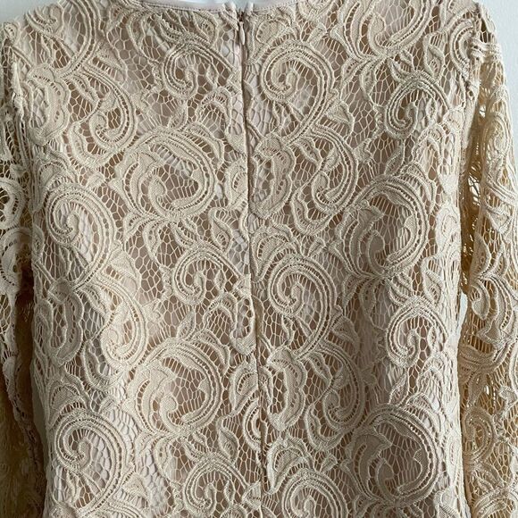 Adrianna Papell Beige Lace Top M | Romantic 3/4 Sleeve Overlay | Elegant Zip Bac - Picture 6 of 9